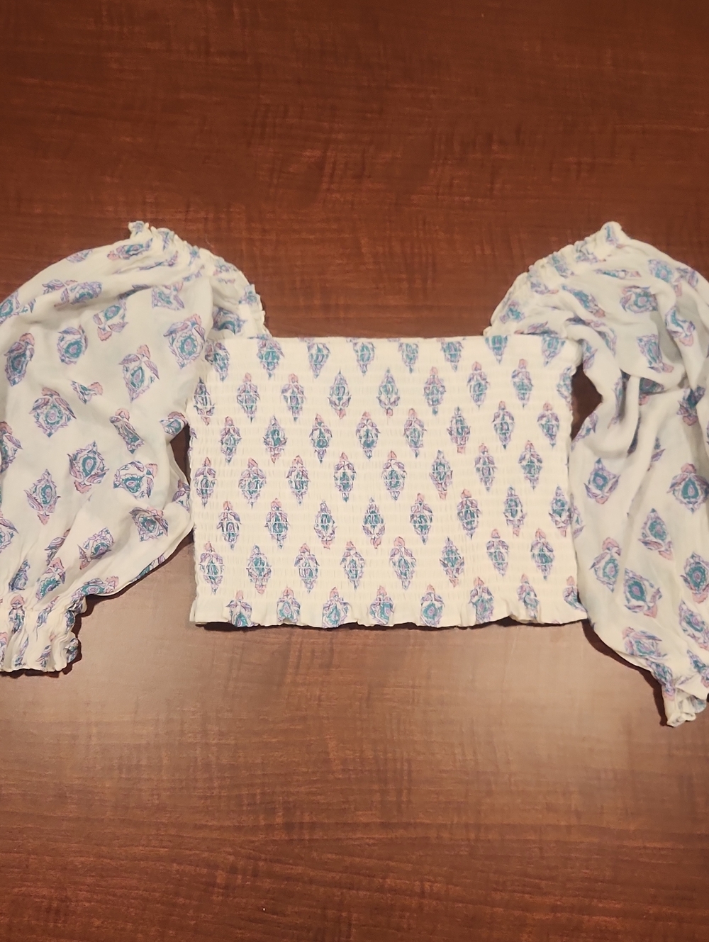 Billabong White Smocked Crop Top with Blue and Purple Motif